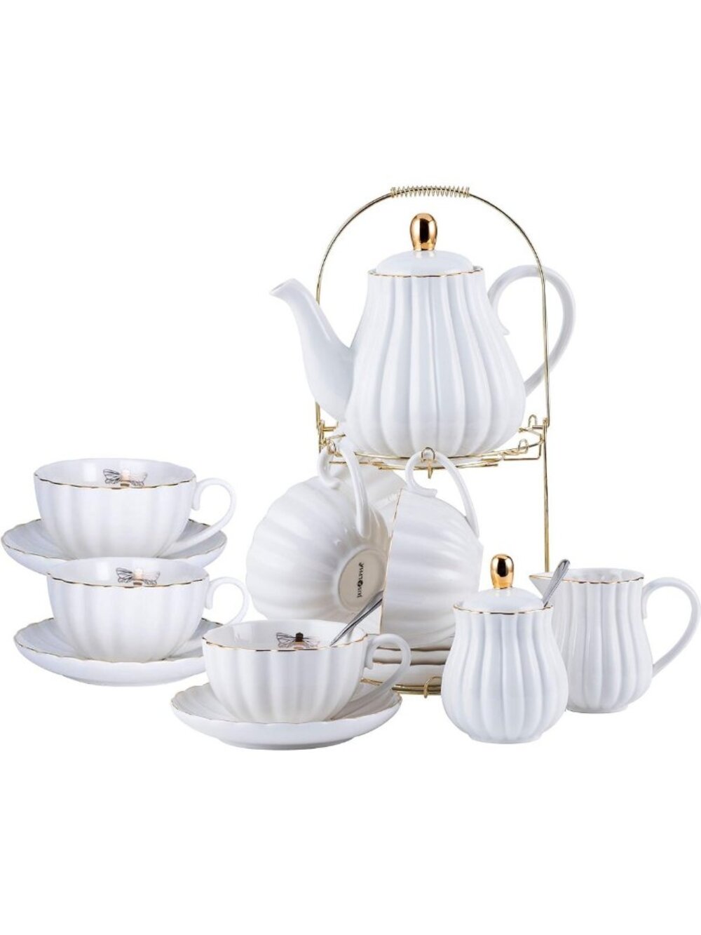 Elegant Porcelain Tea Set - 8oz Teacups, Saucers & Cup Holder, White Ceramic